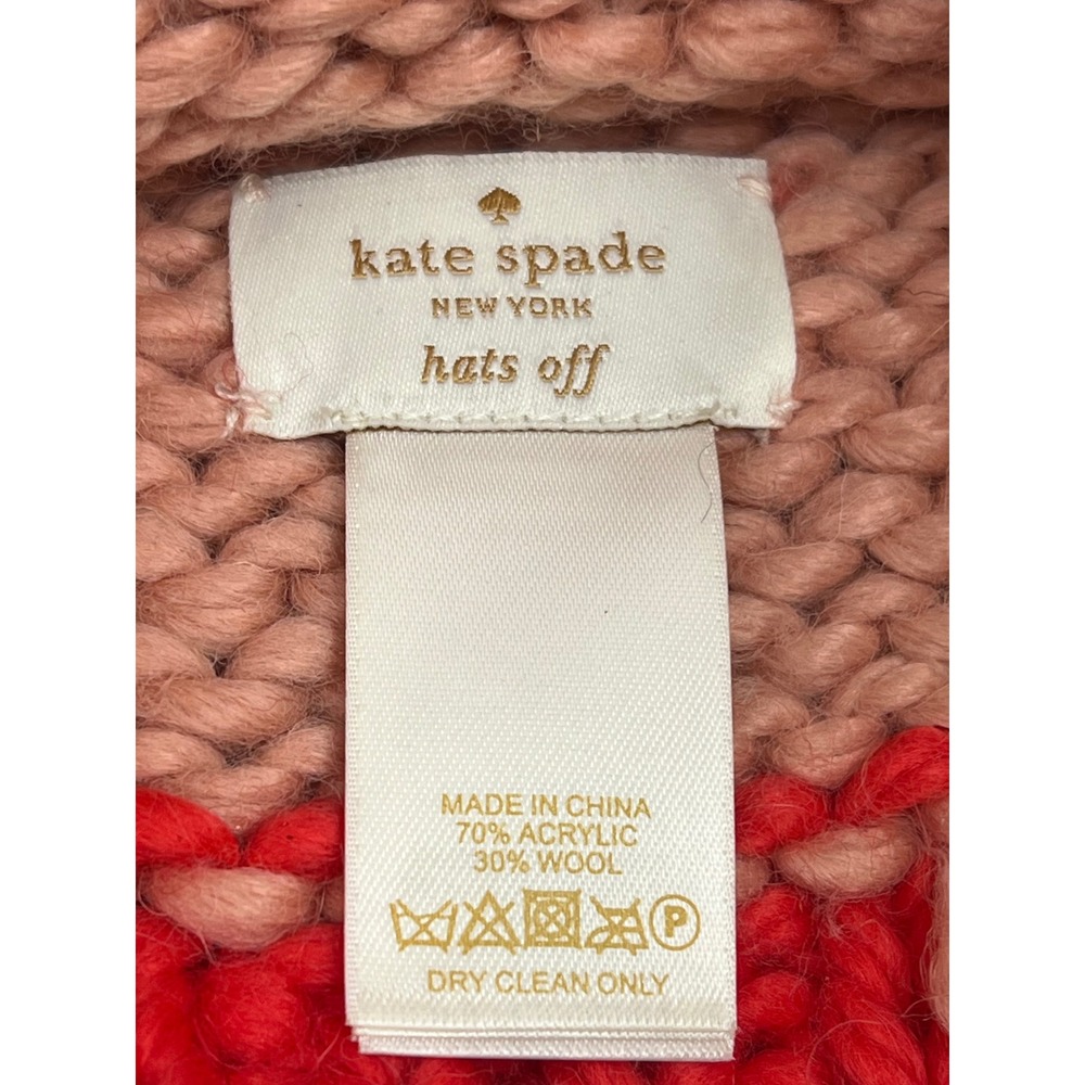Kate Spade New York‎ Pom Pom Beanie Hat Striped Wool Blend Red Pink - Picture 3 of 7